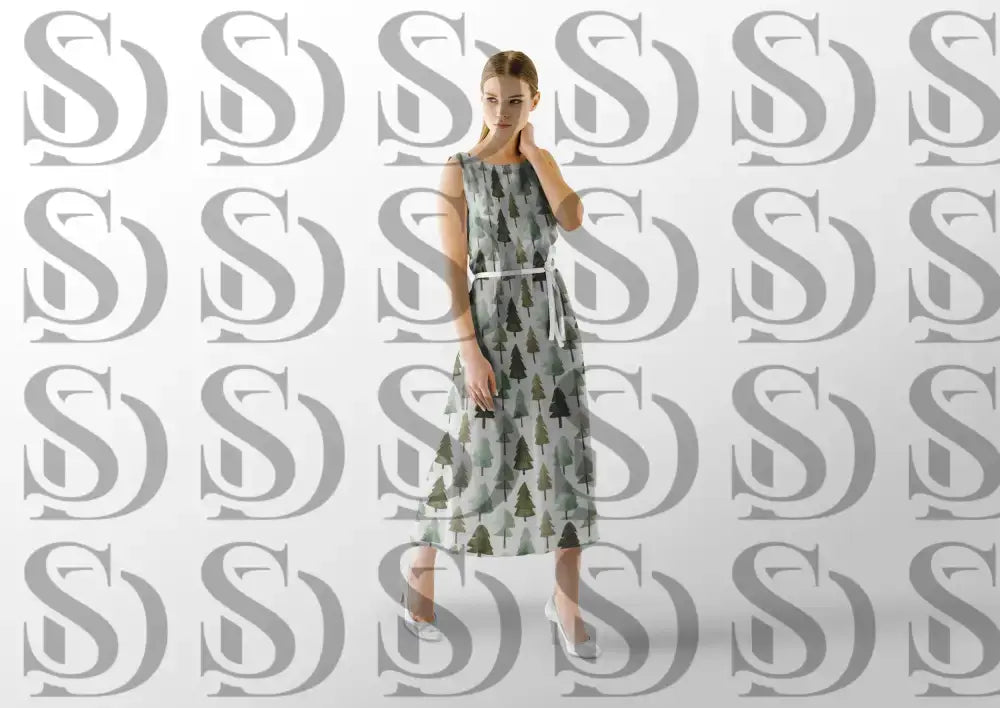 Fabric dress mockup showcasing sage green pine tree pattern