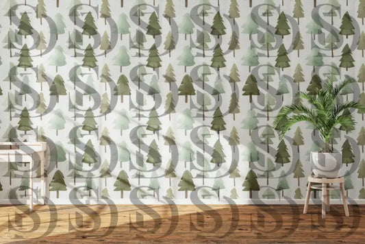 Nature inspired pine tree wallpaper displayed in a modern living space
