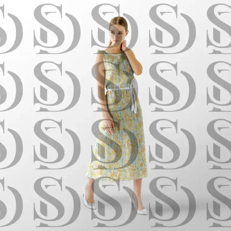 Soft wildflower meadow pattern displayed on a flowing summer dress mockup