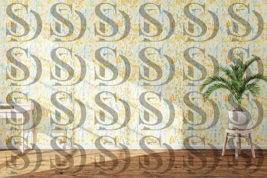 Light cream wallpaper featuring yellow and blue wildflower meadow design