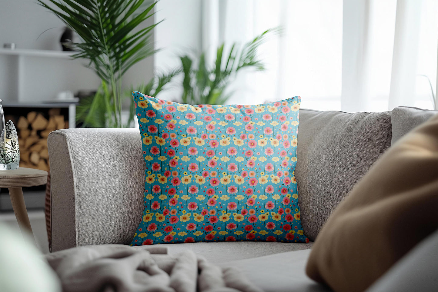 Cheerful Floral Fabric with Blue and Cream Backgrounds