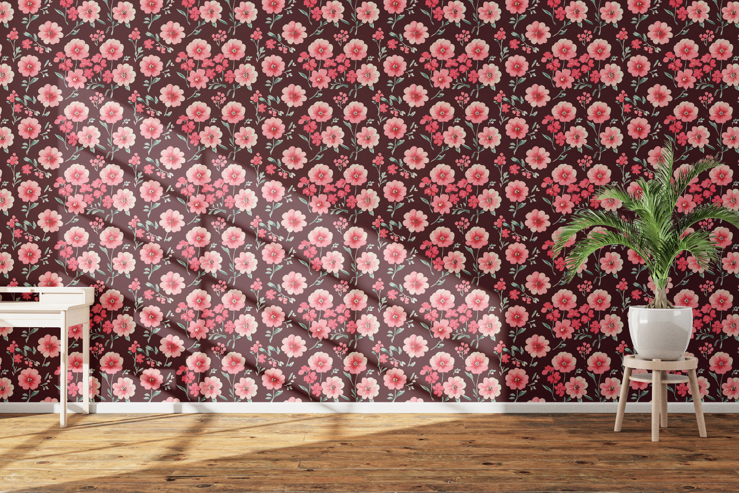 Elegant Pink Floral Pattern on Deep Burgundy
