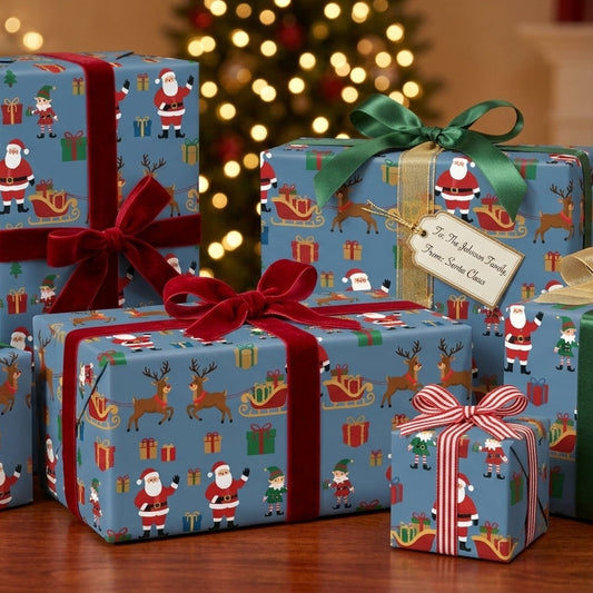 Blue Christmas Santa & Reindeer Pattern