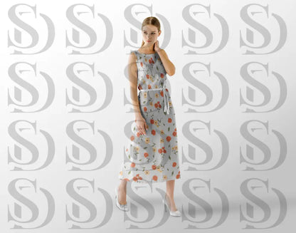 Peach blossom floral pattern displayed on a flowing dress mockup
