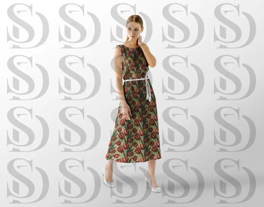 Elegant red tulip botanical pattern showcased on a flowing dress mockup
