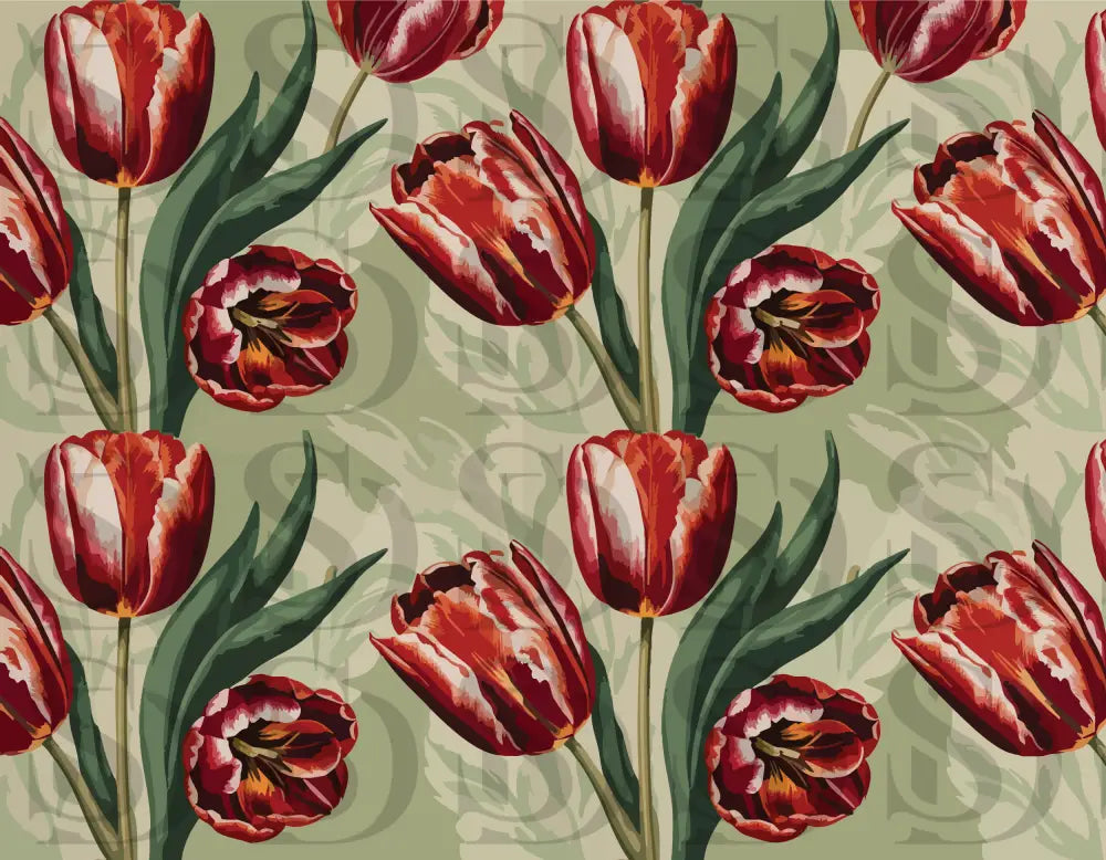 Classic red tulip floral pattern arranged on a soft sage green background