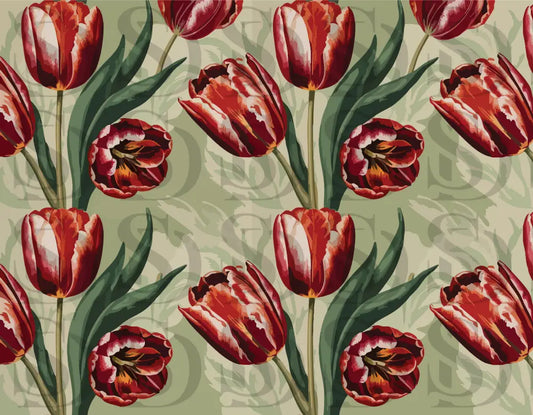Classic red tulip floral pattern arranged on a soft sage green background