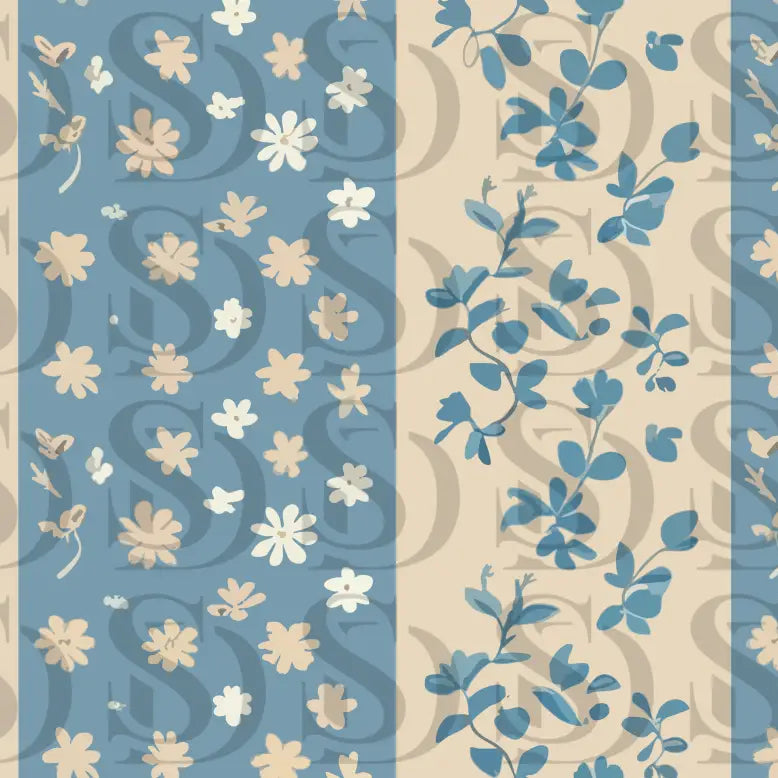 Vintage blue floral stripe seamless pattern with botanical motifs