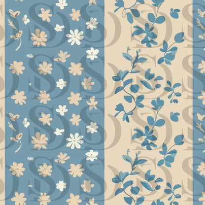 Vintage blue floral stripe seamless pattern with botanical motifs