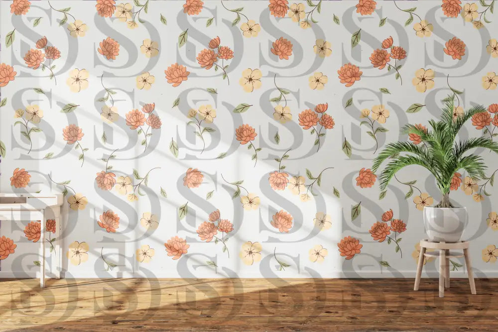 Elegant interior wall styled with peach blossom vintage floral wallpaper
