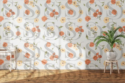 Elegant interior wall styled with peach blossom vintage floral wallpaper
