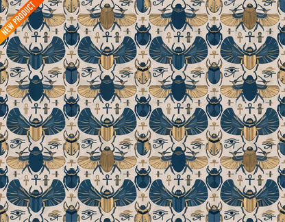 Ancient Egyptian Scarab – Midnight Blue & Gold Sacred Symbol Seamless Pattern - Seamless Pattern