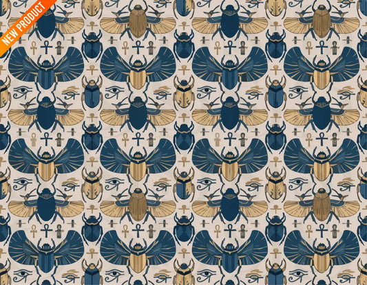 Ancient Egyptian Scarab – Midnight Blue & Gold Sacred Symbol Seamless Pattern - Seamless Pattern