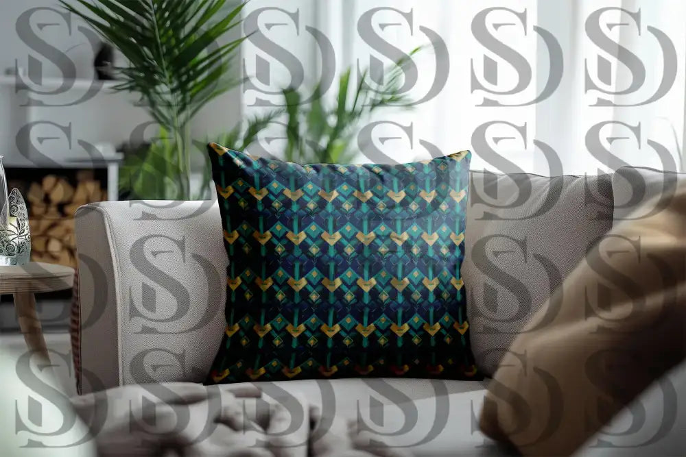 Luxury blue and gold art deco geometric pattern showcased on a decorative cushion
