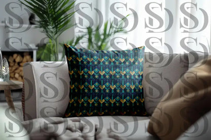 Luxury blue and gold art deco geometric pattern showcased on a decorative cushion

