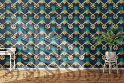 Blue and gold art deco geometric wallpaper pattern displayed in a modern interior