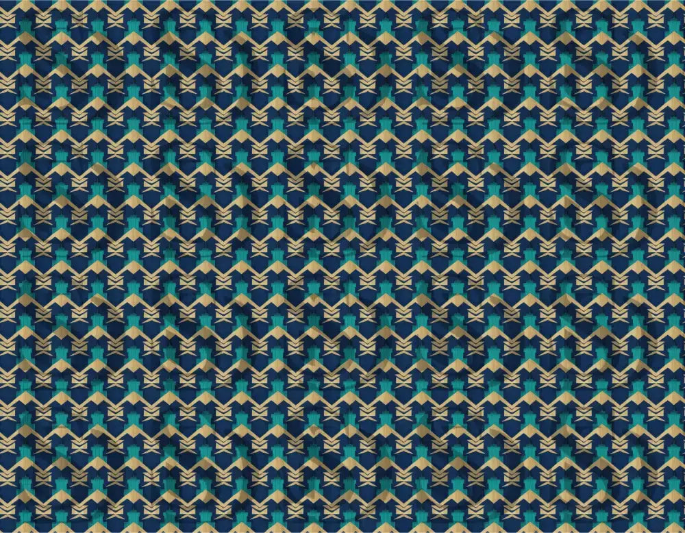 Seamless art deco geometric pattern featuring blue and gold lattice design

