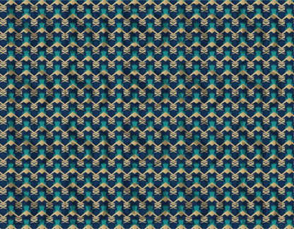Seamless art deco geometric pattern featuring blue and gold lattice design
