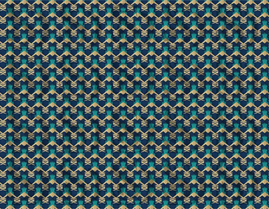 Seamless art deco geometric pattern featuring blue and gold lattice design
