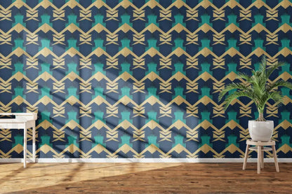 Art Deco Geometric Patterns in Blue and Gold Fabric