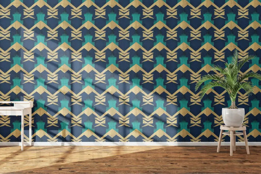 Art Deco Geometric Patterns in Blue and Gold Fabric