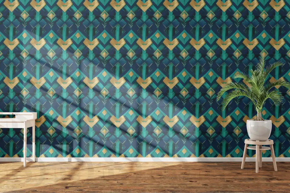 Art Deco Geometric Patterns in Blue and Gold Fabric