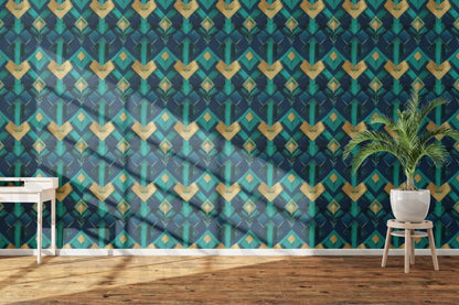 Art Deco Geometric Patterns in Blue and Gold Fabric