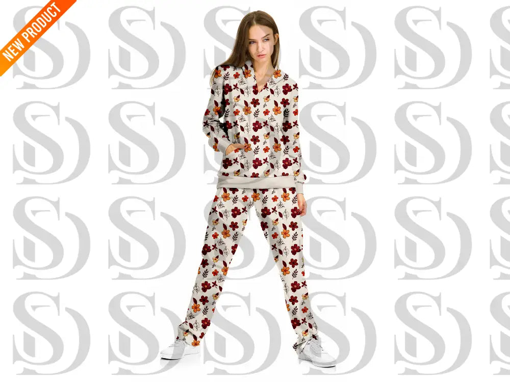 Woman wearing outfit made with autumn bloom mini floral seamless pattern