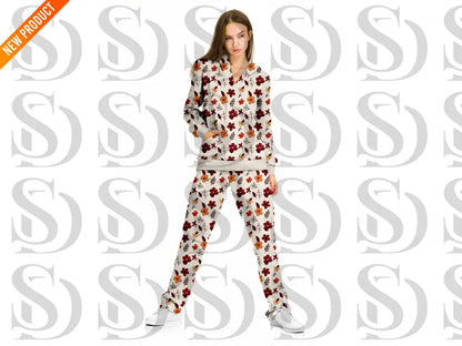 Woman wearing outfit made with autumn bloom mini floral seamless pattern