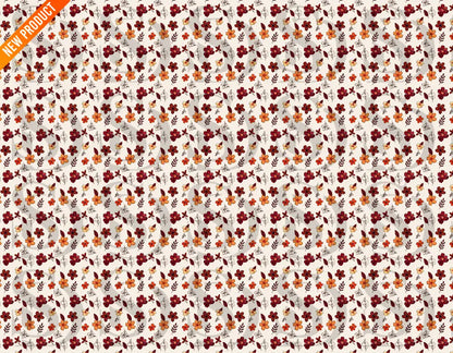 Full seamless repeat of autumn bloom mini floral pattern in red and orange tones