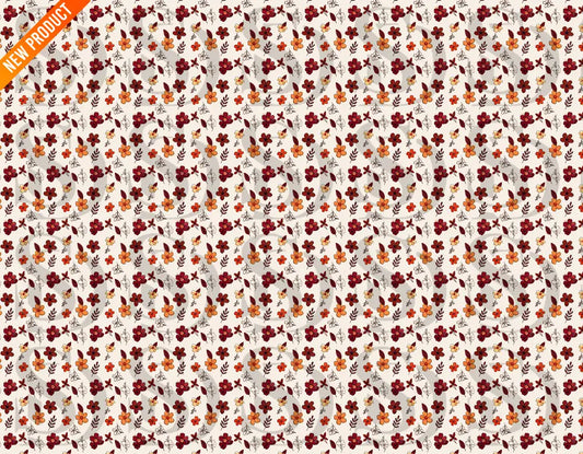 Full seamless repeat of autumn bloom mini floral pattern in red and orange tones