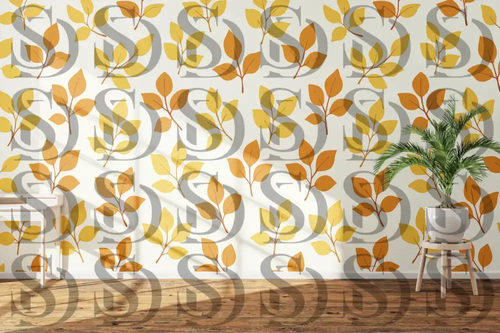 Autumn leaf wallpaper design with scattered yellow and rust foliage
