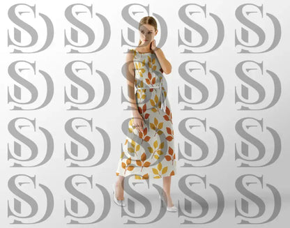 Autumn leaf seamless pattern displayed on a sleeveless dress mockup