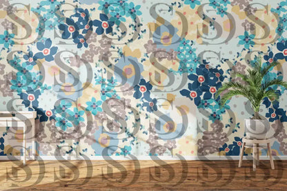 Wall décor styled with blooming harmony seamless blue floral wallpaper