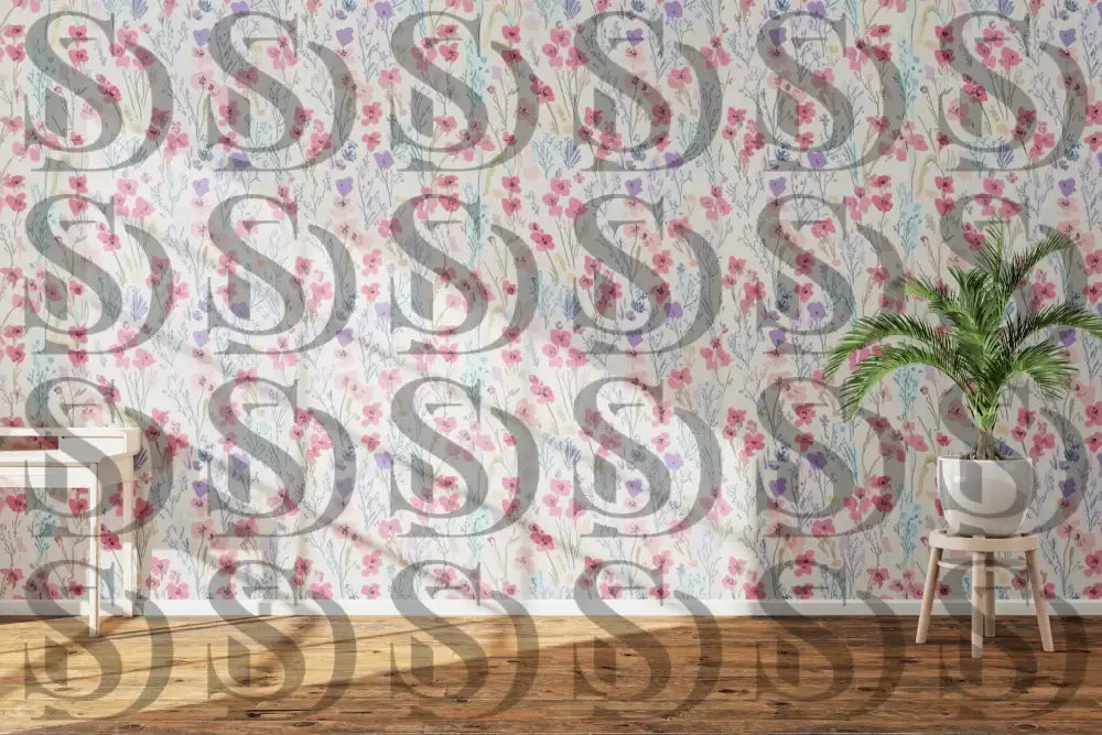 Blooming meadow floral pattern applied to modern home decor wall