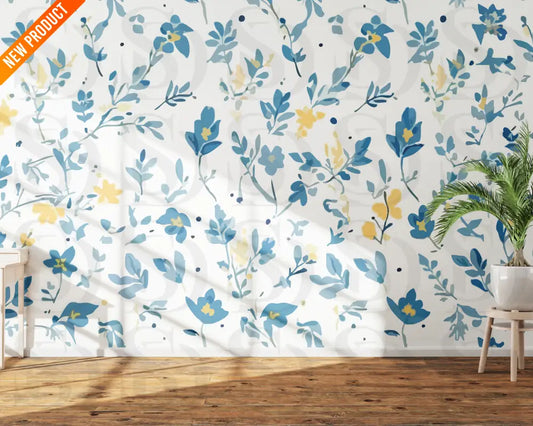 Blue and Yellow Floral Watercolor Floral Seamless Pattern