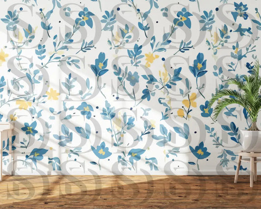 Blue and Yellow Floral Watercolor Floral Seamless Pattern