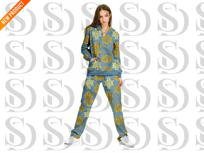 Fashion apparel showcasing blue and gold botanical damask fabric design