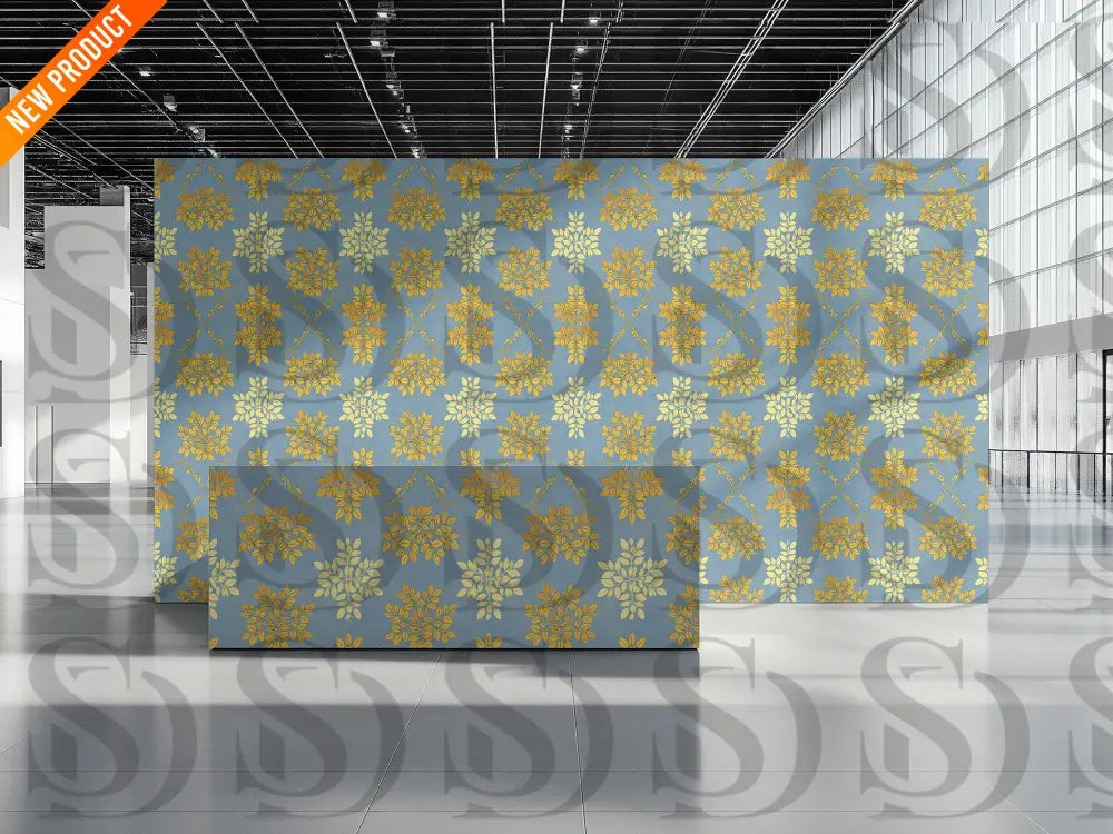 Interior wall display with blue and gold floral damask wallpaper pattern