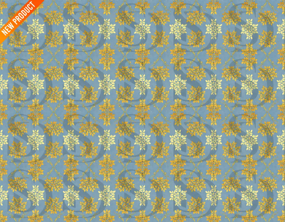 Seamless blue and gold botanical damask pattern with symmetrical floral motifs