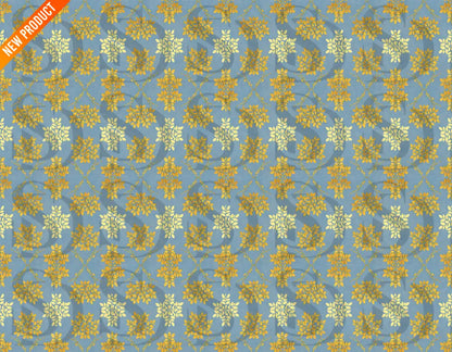 Seamless blue and gold botanical damask pattern with symmetrical floral motifs