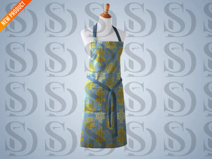 Kitchen apron mockup using blue and gold botanical seamless pattern