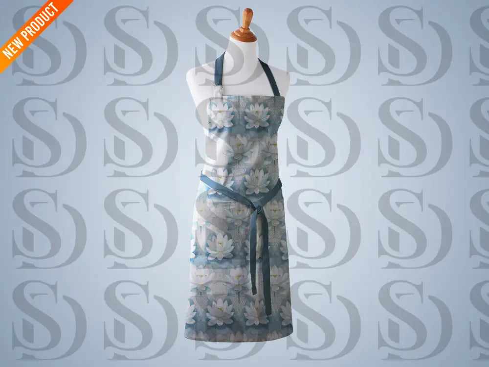 Blue lotus floral seamless pattern displayed on a kitchen apron mockup
