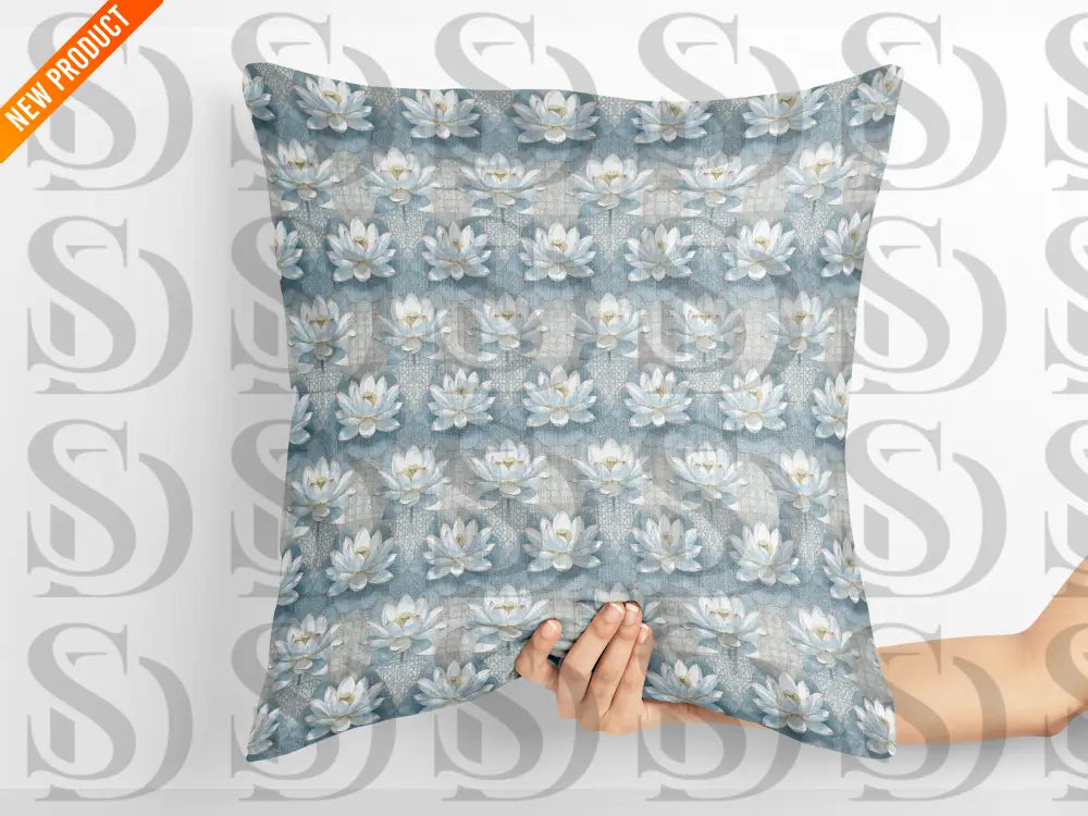 Blue lotus floral seamless pattern shown on a decorative cushion pillow