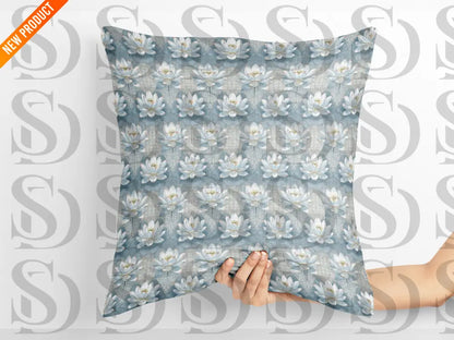 Blue lotus floral seamless pattern shown on a decorative cushion pillow