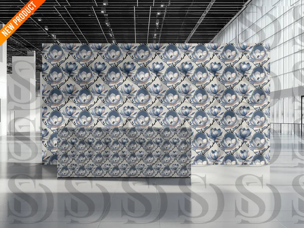 Blue magnolia floral wallpaper pattern displayed on interior wall mockup