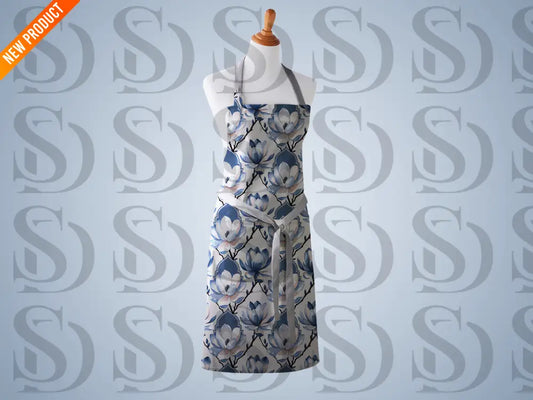 Apron mockup showcasing blue magnolia seamless floral fabric design