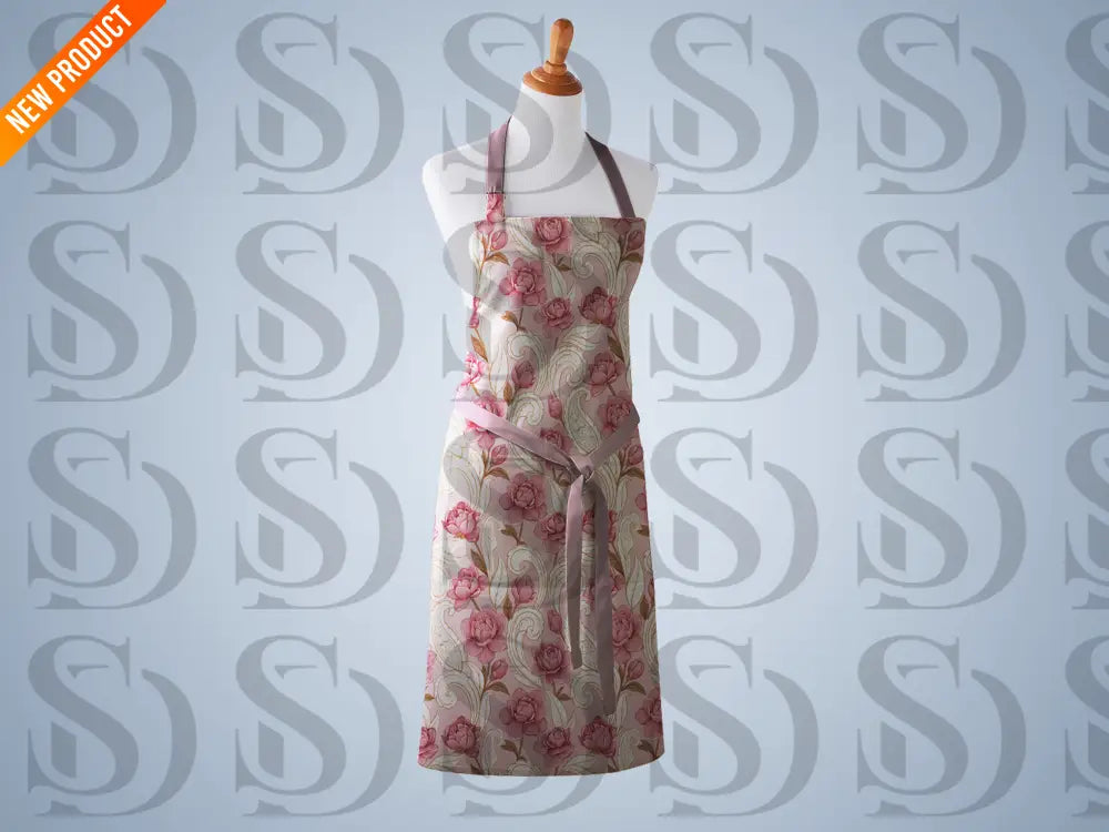 Kitchen apron with blush rose vintage floral pattern