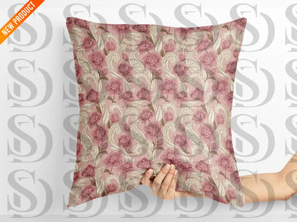 Decorative pillow featuring blush rose floral seamless design