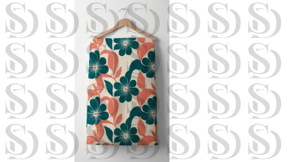 Bold retro floral fabric pattern displayed on hanging textile mockup